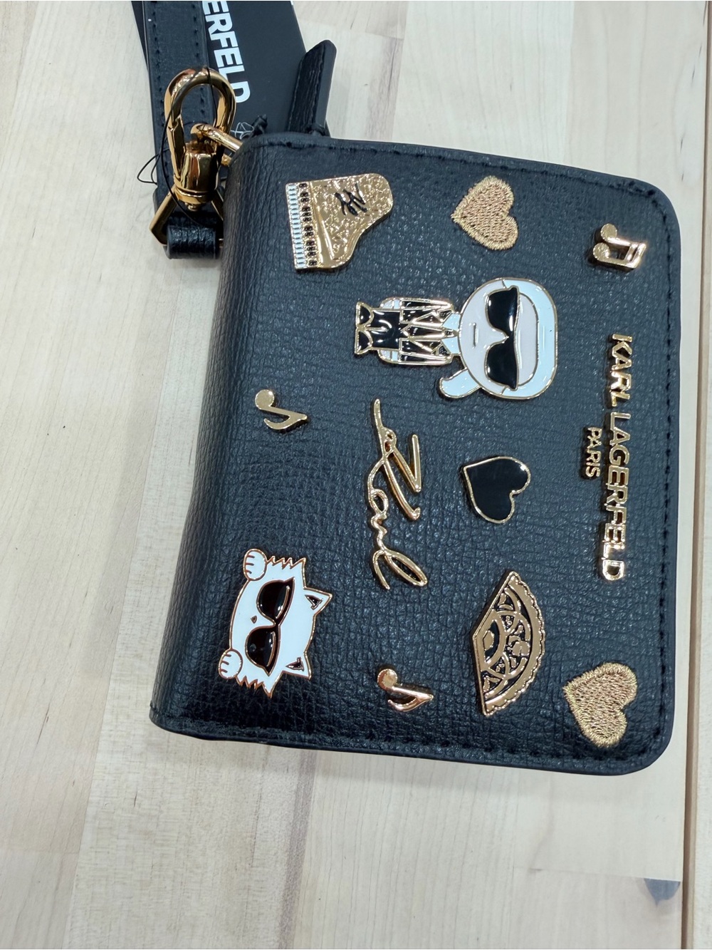 Karl Lagerfeld Black Compact Wallet &Card Holder with Gold & White Enamel Charms